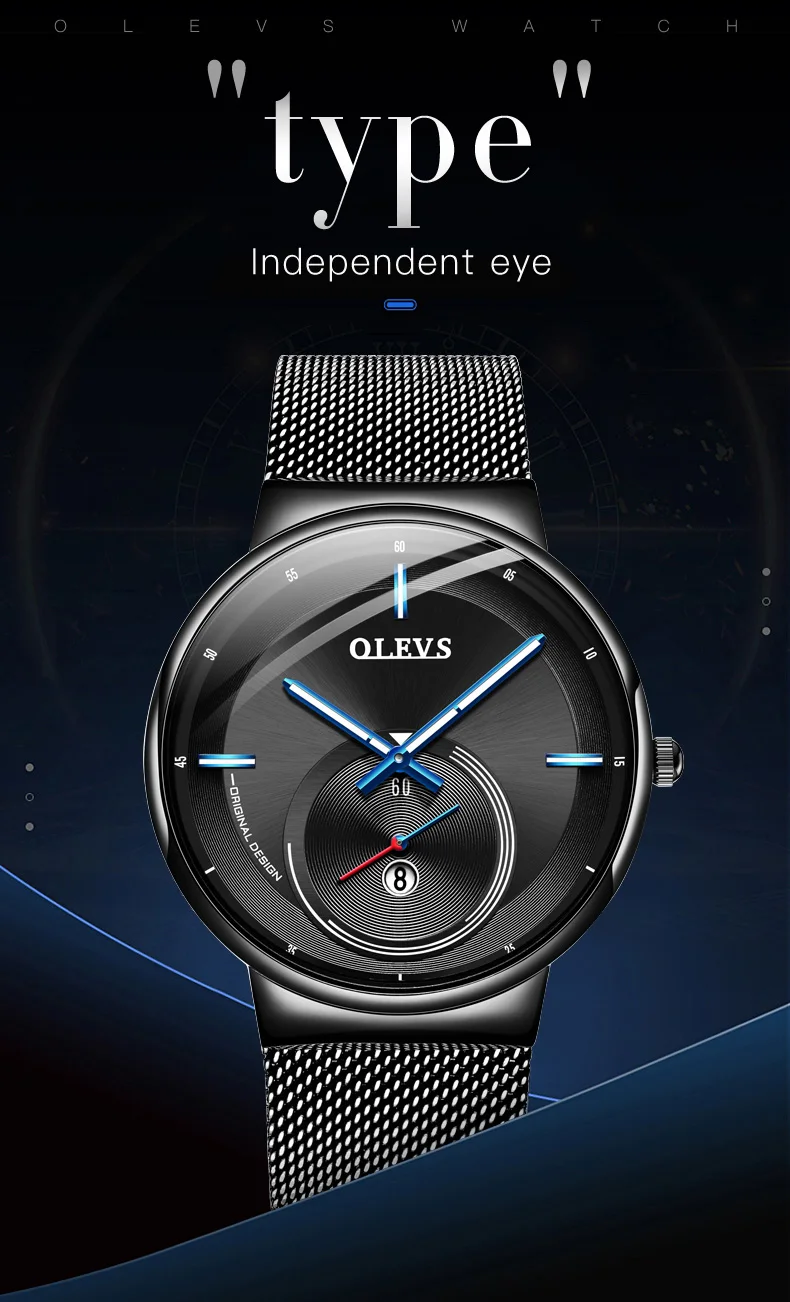 NEW OLEVS Watch Men Luxury Quartz Date Blue Dial Thin Top Brand Watches Sports Chronograph Mesh Belt Wrist Watch Man Clock