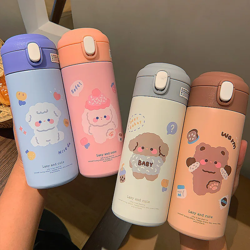 380ML Portable Kids Cute Thermos with straw 304 Stainless Steel Coffee Thermos Tumbler Vacuum Flask Thermocup Water Bottle Cups