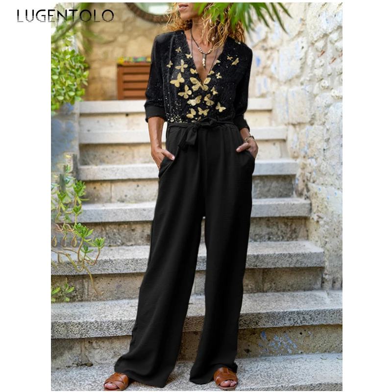 

Женский винтажный комбинезон Lugentolo, элегантный весенний тонкий комбинезон с длинным рукавом, V-образным вырезом и широкими брюками с высоко...