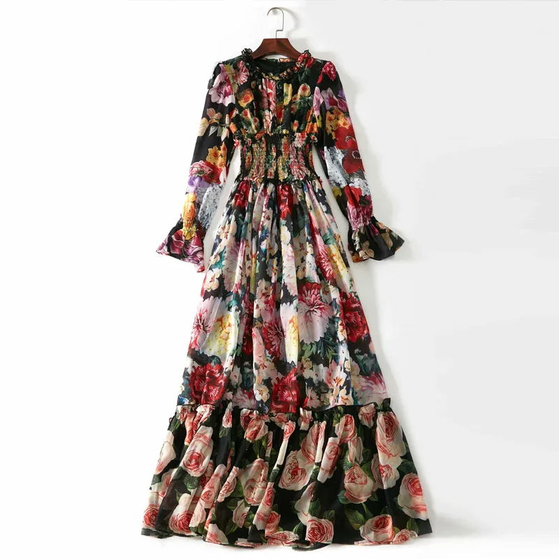 

New autumn wind printing pressure posed long plait elastic temperament of cultivate morality long sleeved dress