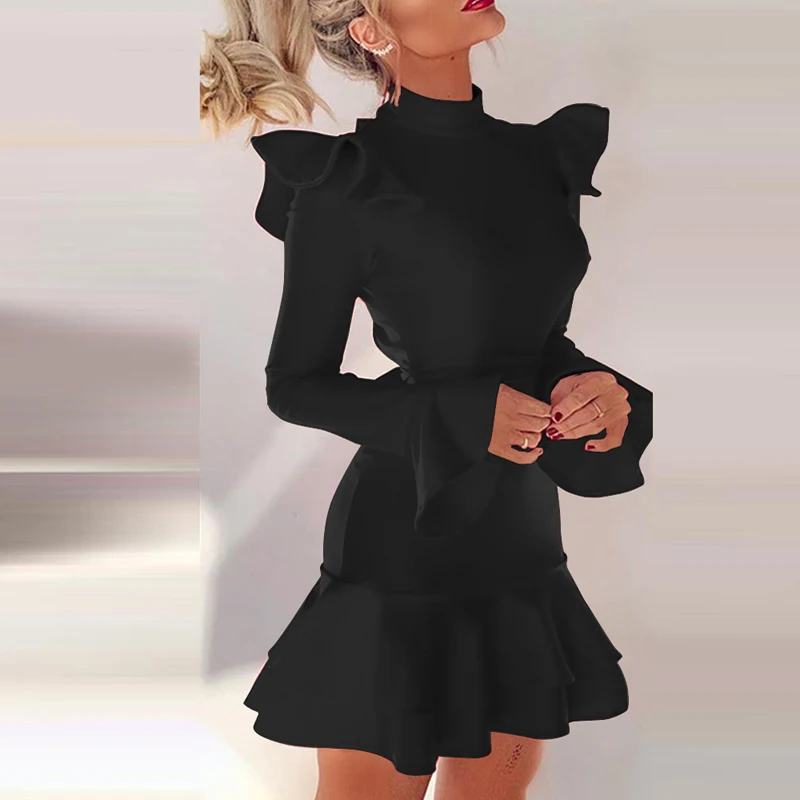 

Red Women Backless Lace-up Bandage Party Dress Autumn Button Ruffle Solid Mini Dress Winter Turtleneck Flare Sleeve Sexy Dresses