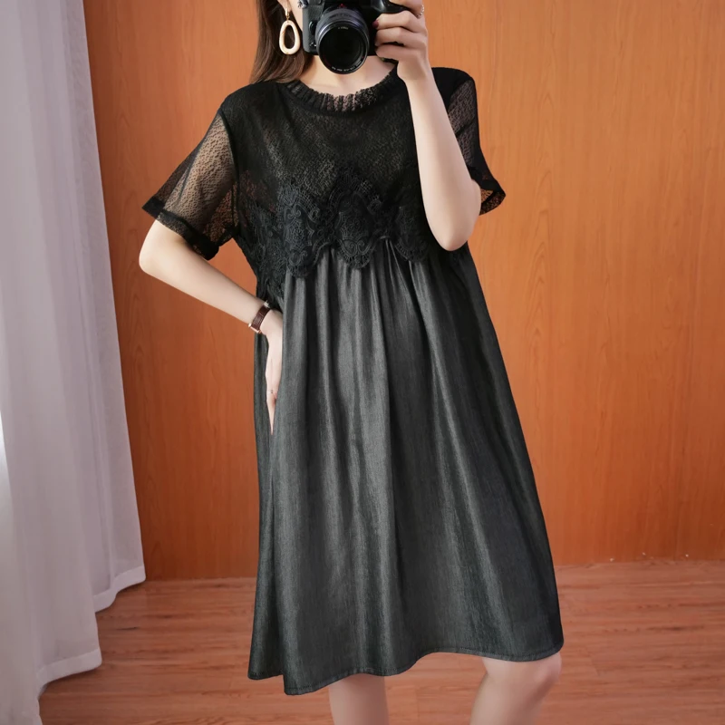 

Black Lace Short-Sleeved Midi Plus Size 5Xl Large Vintage Casual Robe Spring Summer Clothes Dress For Women'S 2021 Sukienka