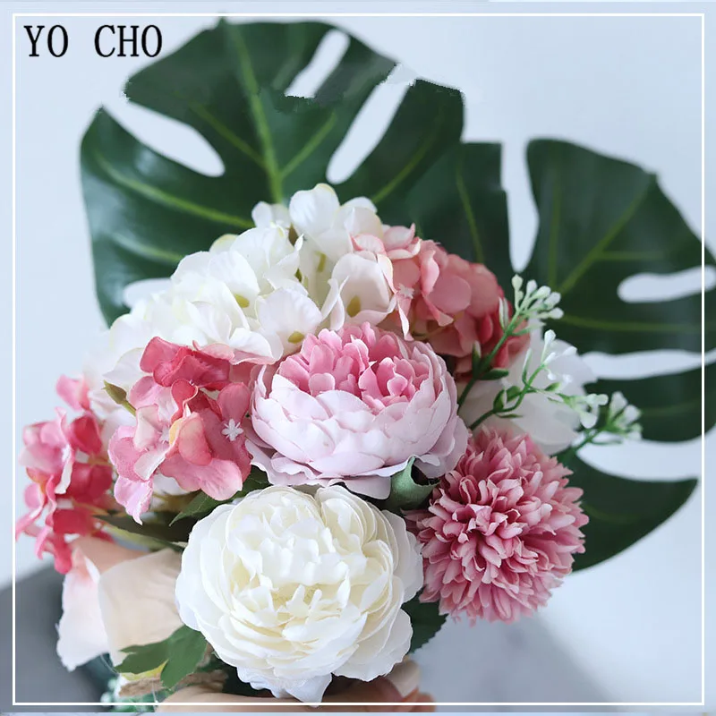 Свадебный букет YO CHO искусственные цветы шелковые розы розовые помпоны гортензии