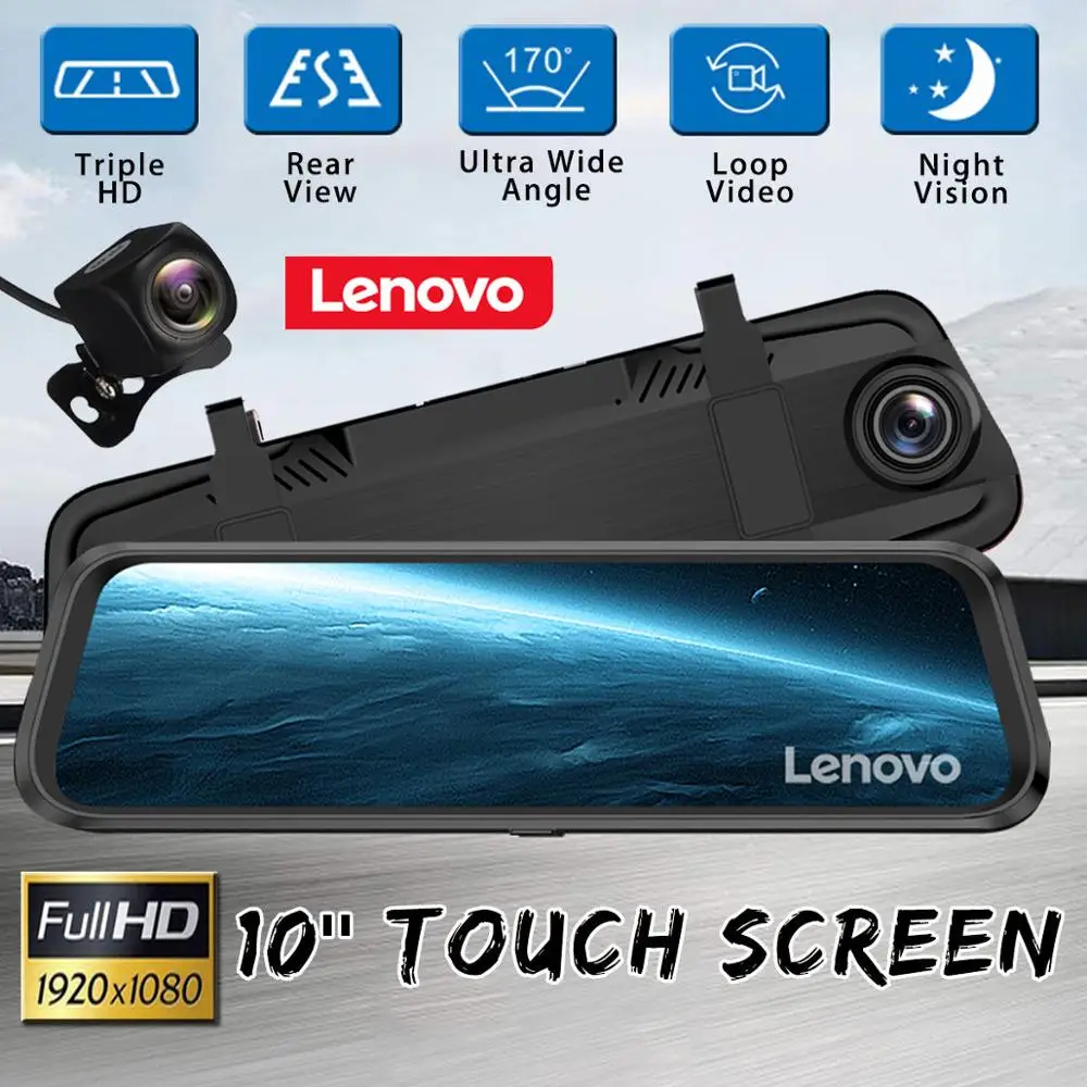 10 '' lenovo потоковый медиа Автомобильный видеорегистратор зеркало заднего вида с 16 ГБ TF картой Dash Cam HD ips сенсорный экран камера ночного видения