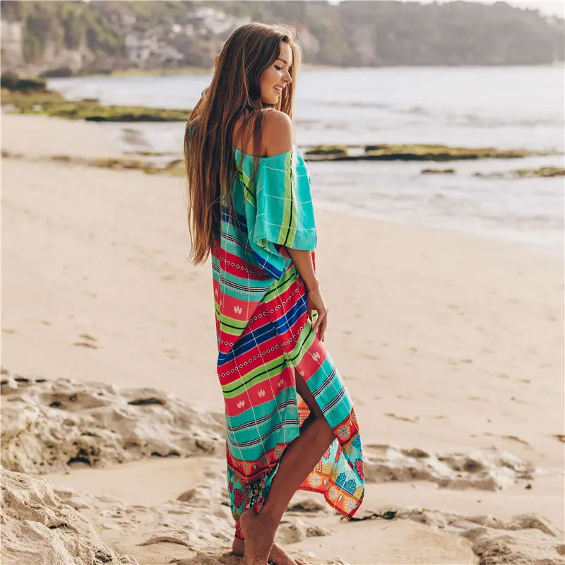 Хлопковое пляжное платье Длинная пляжная туника с принтом парео женский пляжный