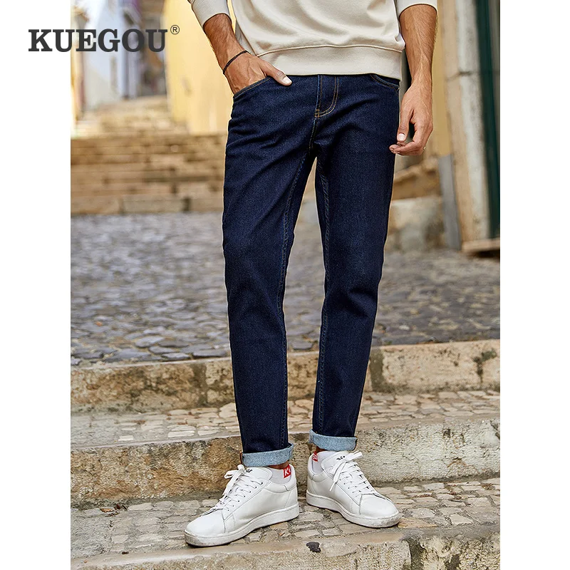 

KUEGOU Cotton Spring Summer Micro elasticity slim Fashion High quality jeans men Pants zipper Blue Black size KK-2905