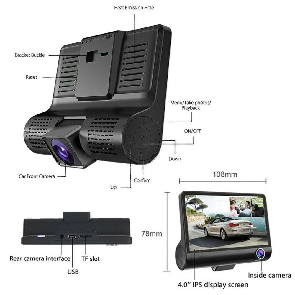 

Onever 1080p 4inch Screen Car Camera Dash Cam Dash Recorder Front And Rear Camera Three-Lens Motion Detection Wide Angle