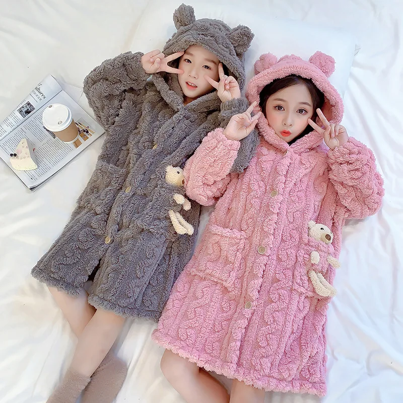 

Children's Nightgown Long Sleeve Hooded Boys Homewear Winter Warm Flannel Toddler Girl Bathrobe 3-15Y Autumn Kids Pajamas