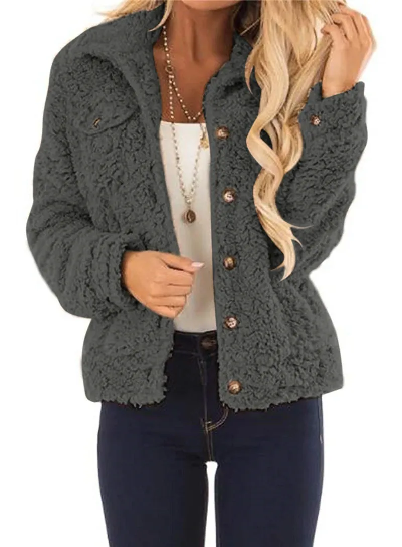 Женское пальто из искусственной овчины с лацканами на пуговицах зимняя теплая