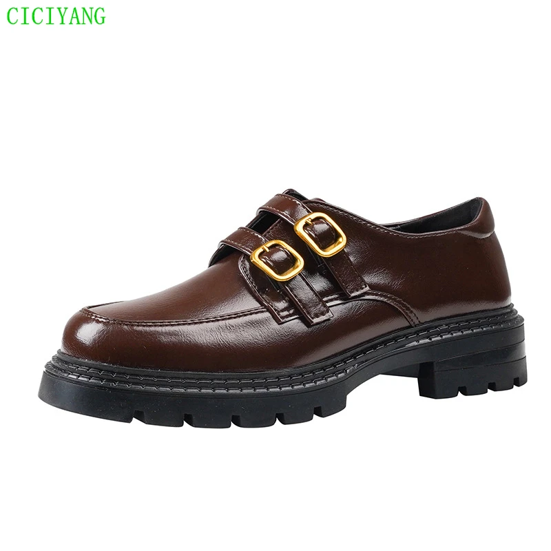 

CICIYANG Fashion JK Girls Leather Shoes 2023 Spring New British Style Platform Loafers Woman Plus Size 42 43 Black Brown Beige