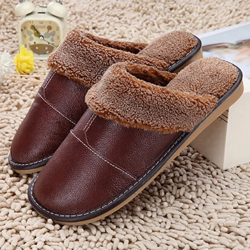

Men Slippers Winter Leather Slides Male Warm Indoor House Shoes Women Soft Fur Slippers Non-slip Couple Plush Flat Shoes