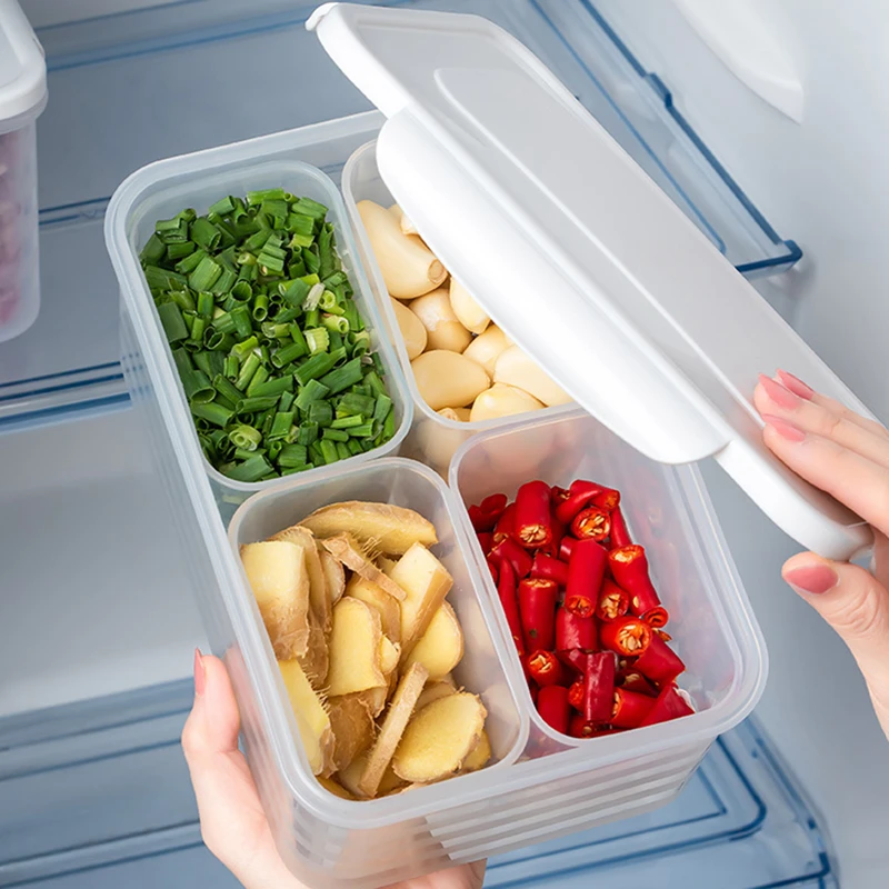 

Refrigerator Four Compartments Transparent Food Preservation Box With Lid Onion Ginger Garlic Airtight Box 15.5*22.5*10cm