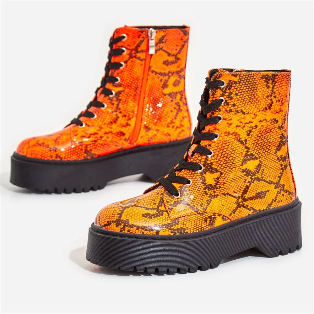 

Autumn Winter Ankle Boots Women Short Flat Platform Boots Neon Orange Snake Print Women Shoes Round Toe Lace-up Ladies Shoes 5cm