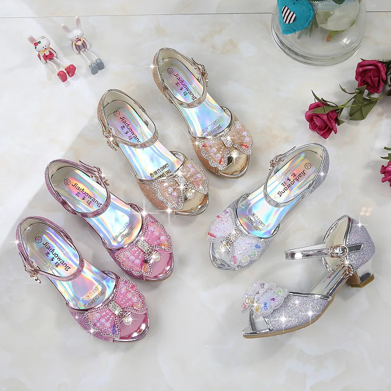 

New Princess Children Shoes For Girls Pu Leather Bowknot High-heeled Sandals Girls Party kids Sandals Dress Shoes Size 26-36