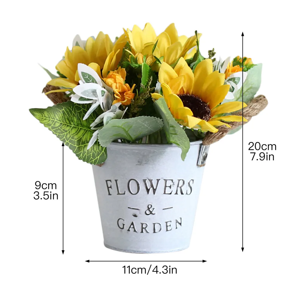 Sun Flower Metal Pot Bonsai Ornaments Plant Set Decorations Tin Bucket Artificial Daisy Bouquet With Vase Retro Sunflower | Дом и сад