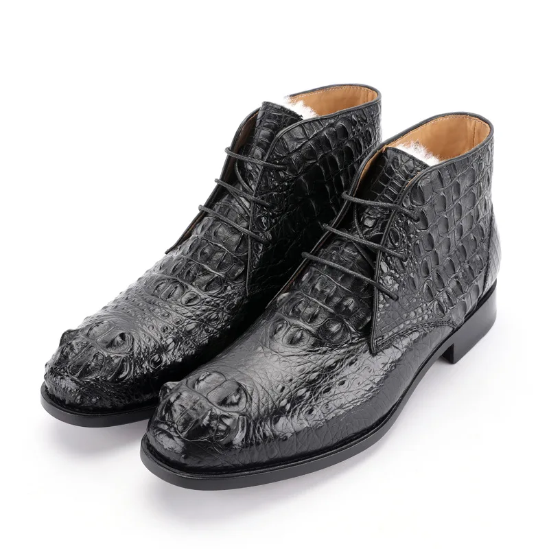Sipriks Mens Original Crocodile Skin Boots Winter Snow Booties Keep Wear with Wool Elegant Black Goodyear Welt Martin Shoe Ankle