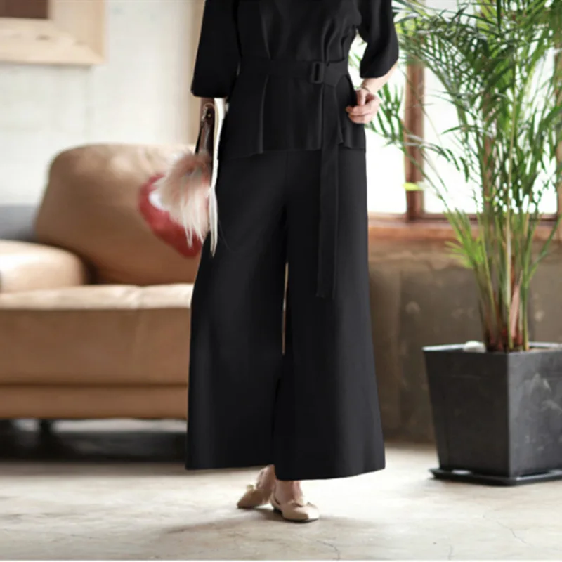 Женский вязаный комплект из двух предметов свободные брюки с широкими штанинами