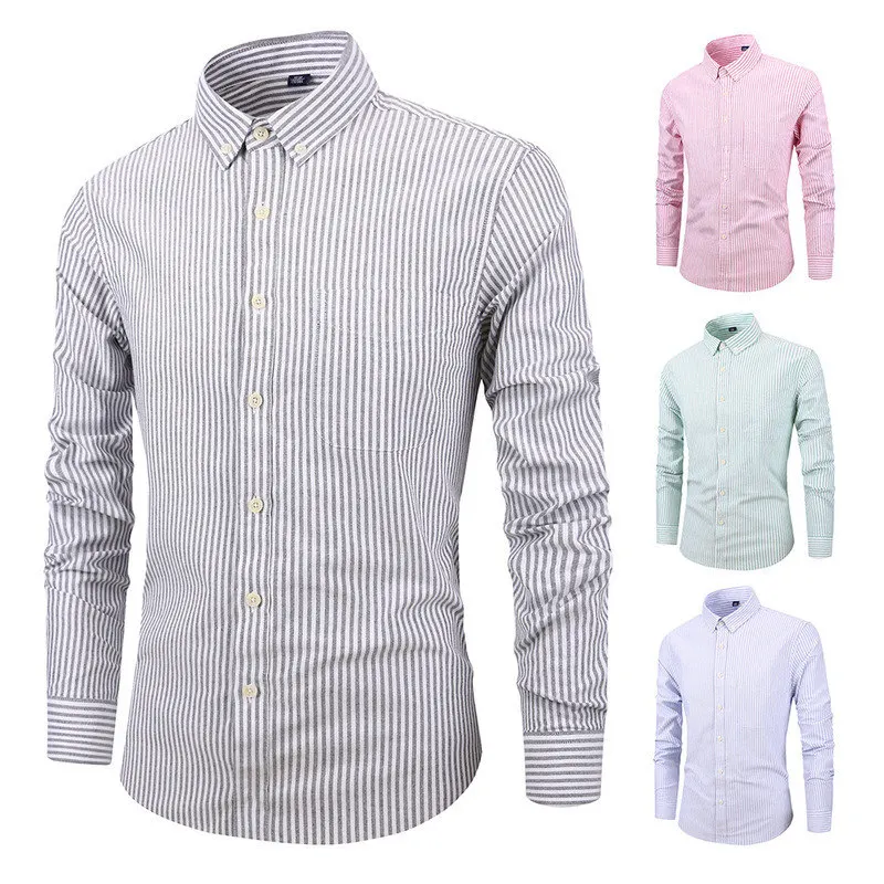 

Free Shipping 2021 New Men's Striped Print Plaid Shirts Lapel Long Sleeves White Pink Mens Korean Slim Fit Shirt