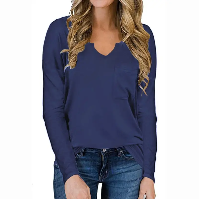 

Women T Shirt V-Neck Long Sleeve Tops with Pocket Autumn Tee Shirt Femme Plus Size Tee