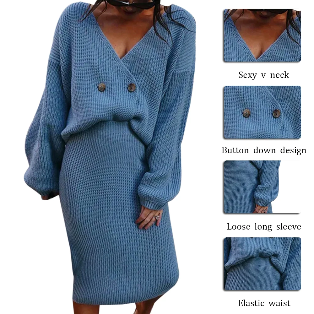 

2020 2pc/set Sexy v-neck women knitted skirt warmer suits Autumn winter batwing sleeve Elegant party female sweater blue dress