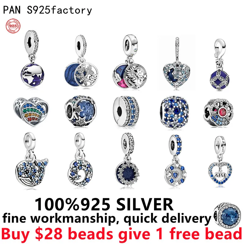 

Free Delivery 925 Sterling Silver Suitable Diy Pando Bead Blue Love heart Dangle charms for this bracelet Women jewelry