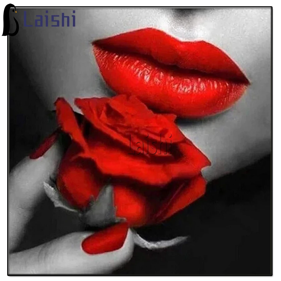 

Diamond Painting red Lips Rose Flower, 5D DIY Full Diamond Embroidery, Round square Diamond Inlaid Mosaic, Cross Stitch Art