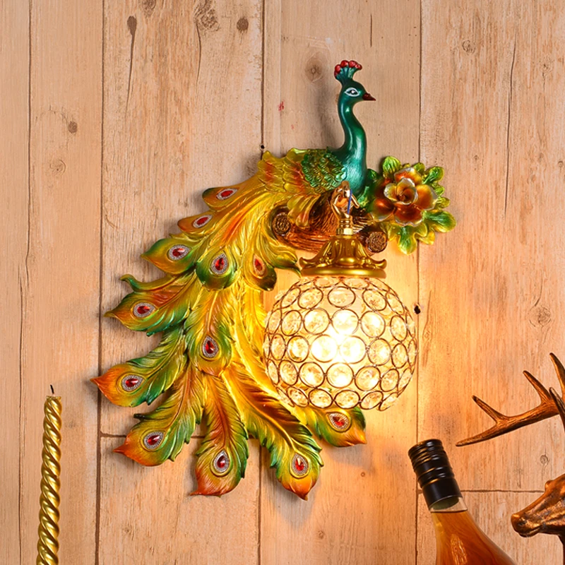 

Retro Peacock Wall Lamp Creative Bedroom Living Room TV Wall Aisle Hallway Art Wall Lamp Decorative Lamps