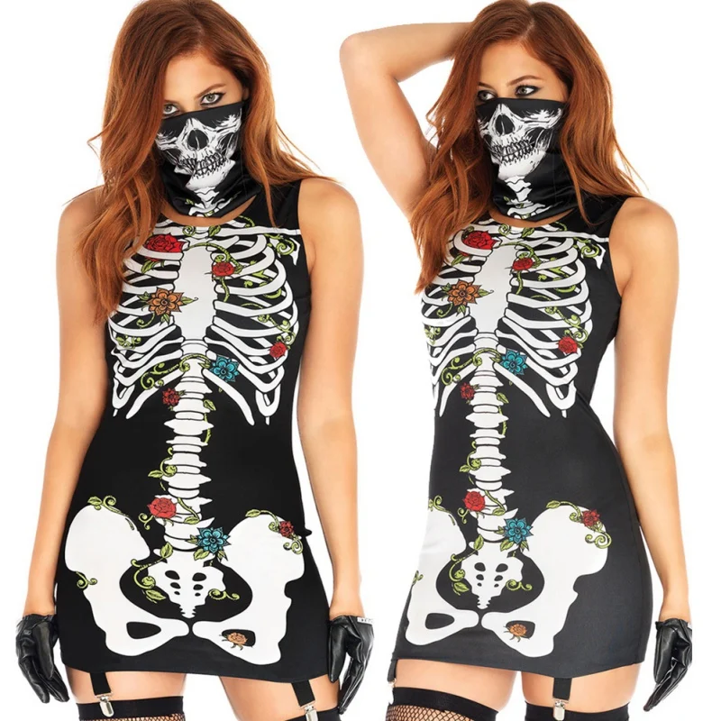

Women Casual Sleeveless Halloween Dress Horror Mask Bones Printed Halloween Costume Female O Neck Mini Party Dress