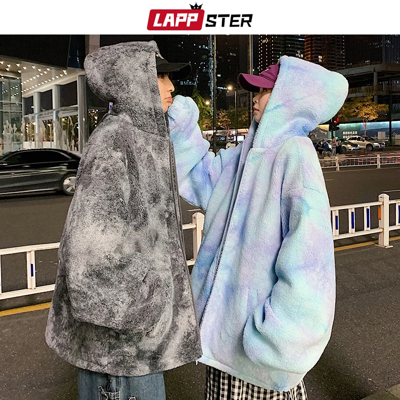 

LAPPSTER Men Winter Tie Dye Hooded Jackets 2021 Mens Harajuku Streetwear Fashion Parkas Male Lambswool Couple Cotton Windbreaker