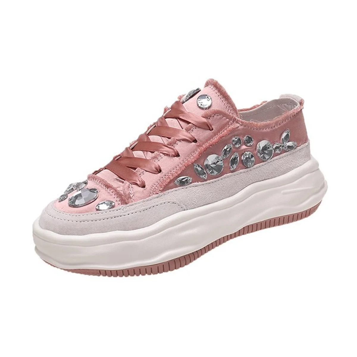 

New Style Canvas Shoes Women Fashion Thick-Soled Flat-Bottomed Leather Satin Rhinestone Ladies Sneakers