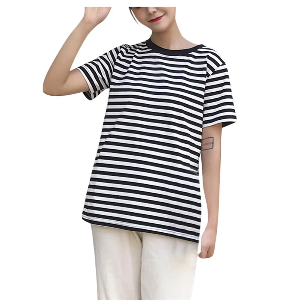 Женская рубашка в полоску с круглым вырезом и коротким рукавом летний пуловер