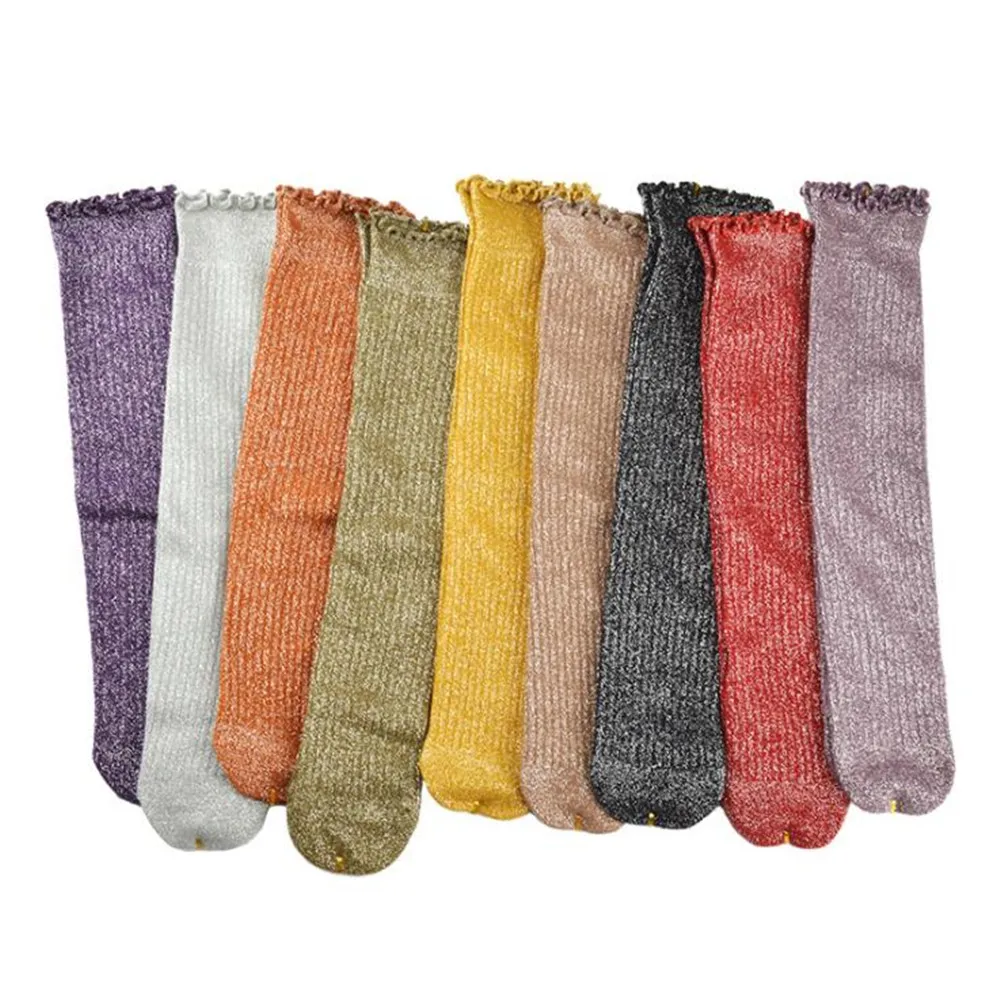 Girls Shining Glitter Ankle Socks 5 Pairs/Lot Warm Women Solid Cotton Wrinkle Cuff Silver Lurex Winter Socks