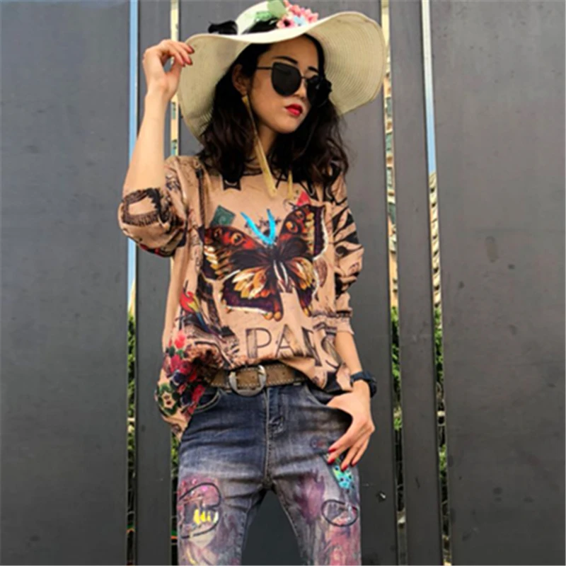 Long-Sleeved T-Shirt Female 2019 Spring Fashion New Round Neck Hip-Hop Printing Loose Wool Sweater Top H00412 | Женская одежда