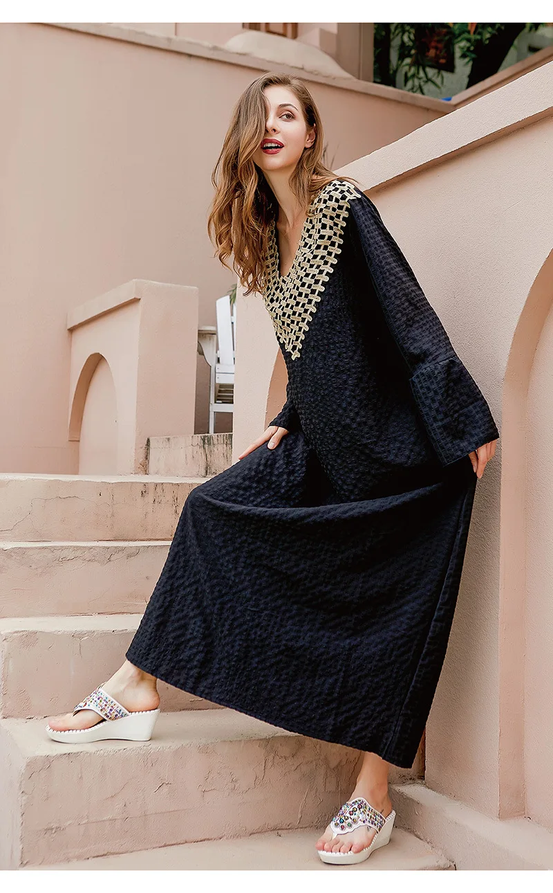 

New Spring French Style Muslim Dress Women V Neck Black Color Maxi Vetsidos Moroccan Kaftan Eid Elegant Islamic Clothing Gowns