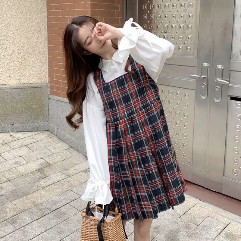 

Japanese Preppy Style White Blouse and Sleeveless Plaid Dress 2pcs Set For Women 2021 New Pleated Checked Suspender Dresses