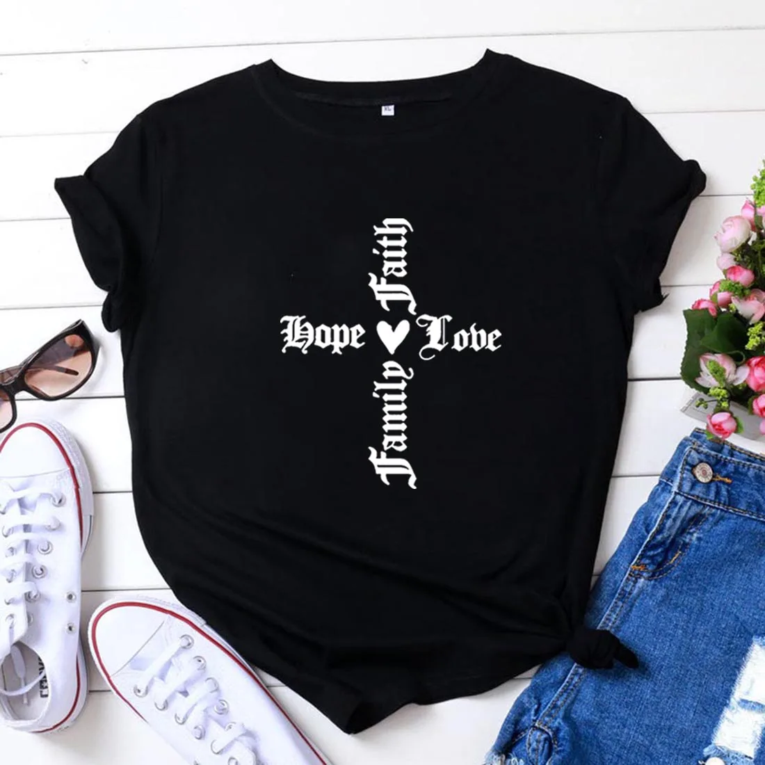 

Hope Love Faith Harajuku T Shirt Women Short Sleeve Cotton Tshirts Women O-neck Loose Tee Shirt Femme Black Camisetas Mujer Top