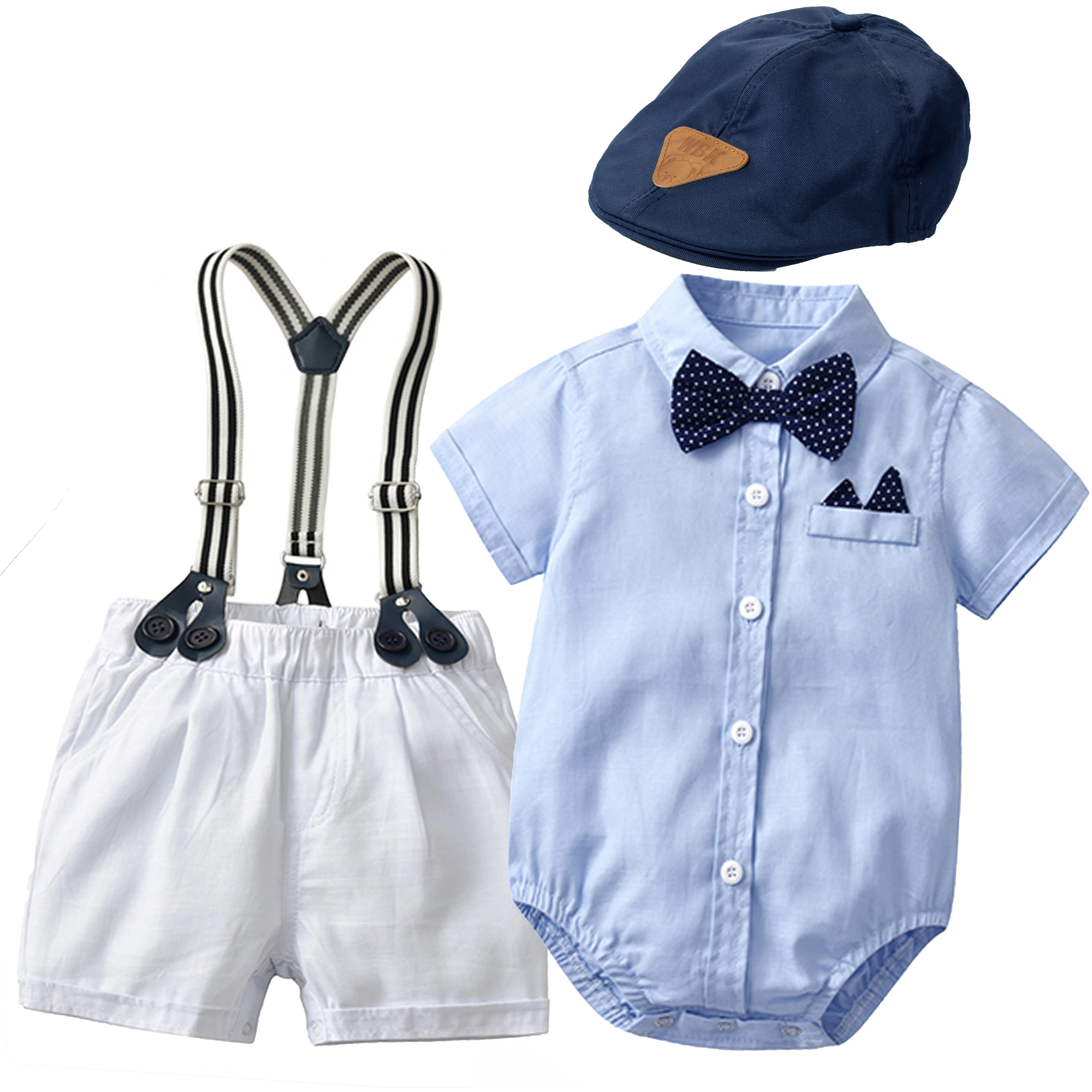 

Newborn Clothes 5 Pieces/Set Baby Boy Summer Suit Sky Blue Rompers + Hat + White Shorts Little Gentleman Clothing Sets for 24 M