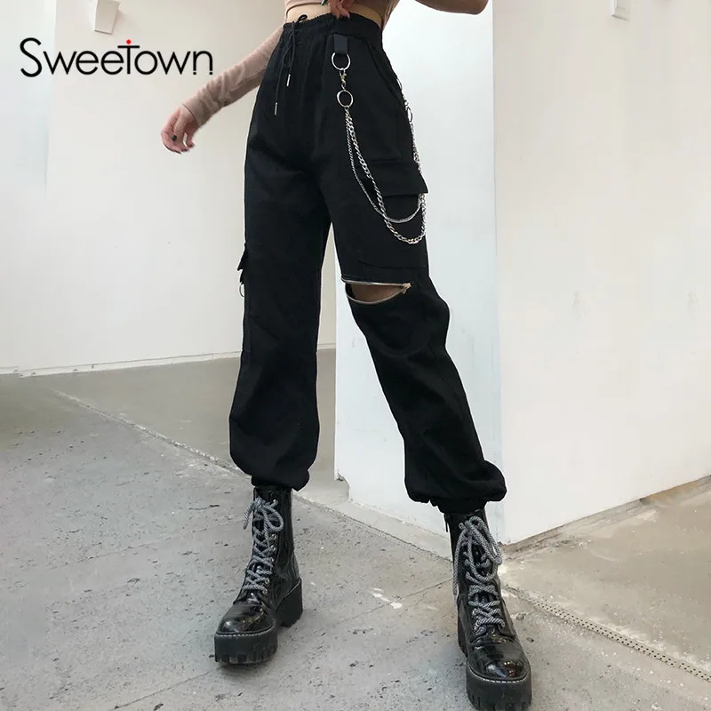 Sweetown-pantalones Cargo góticos para mujer, ropa estilo Punk con cadena de Metal para chica, con cremallera abierta, estilo Hippie, elásticos, de cintura alta, para correr