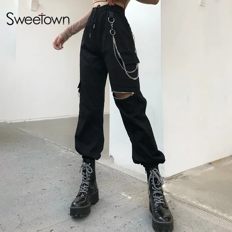 Sweetown в готическом стиле черные брюки карго для женщин из металла Панк цепь E