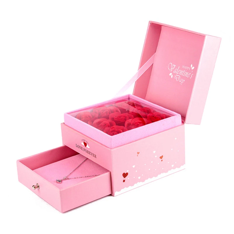 

High Pink Gift Box with 9 Soap Roses Flower Jewelry Box for Necklace Ring Earring Pendant Packing Storage Valentine's LG66