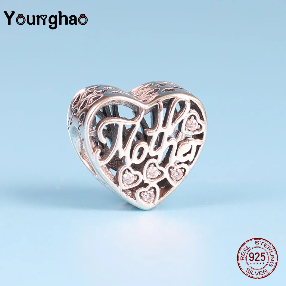 Younghao 100% Настоящее серебро 925 пробы Полые бусины в форме сердца для изготовления