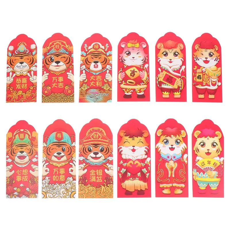 

12Pcs Chinese New Year Festival Tiger Pattern Red Envelopes For Celebration Festival Year Of The Tiger Lucky Packets Gift Bag