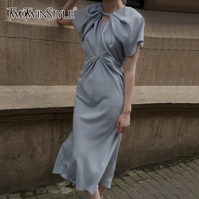 

TWOTWINSTYLE Elegant Summer Dress Women O Neck Short Sleeve High Waist Ruched Hollow Out Loose Dresses For Female Fashion
