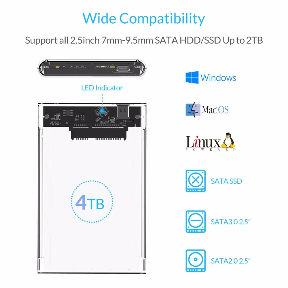 Прозрачный корпус для жесткого диска ORICO 2139U3 2 5 дюйма USB3.0 поддержка UASP протокол |