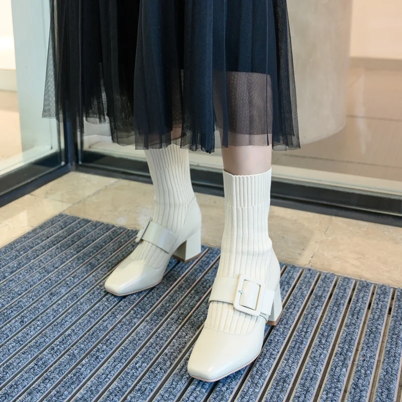 

sweet design female chelsea short boots genuine leather square high heels women warm socks ankle snow boots dress shoes woman