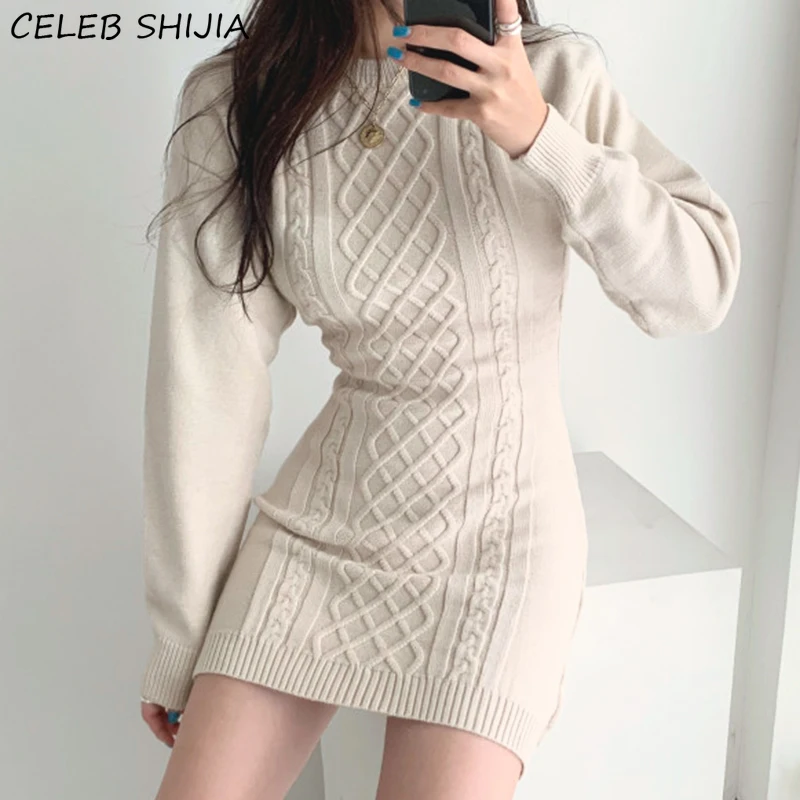 

Шикарное трикотажное платье с открытой спиной, женское облегающее платье с круглым вырезом, длинным рукавом, высокой талией, женские корейс...