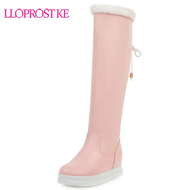 

Lloprost ke 2020 new knee high boots women round toe slip on winter keep warm boots casual platform snow boots womens big size