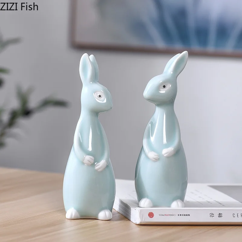 

Creative Ceramic Cute Rabbit Small Ornaments Porcelain Crafts Simulation Animal Statue Figurines Desktop Coffee Table Decoration