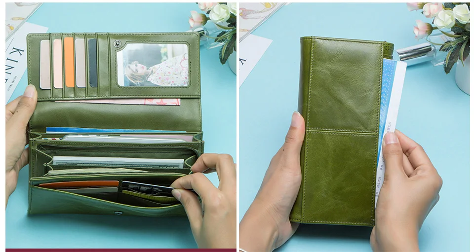 Contact's Fashion Women Wallets With Card Holder Genuine Leather Long Clutch Brand Design Female Coin Purses Cell Phone Pocket