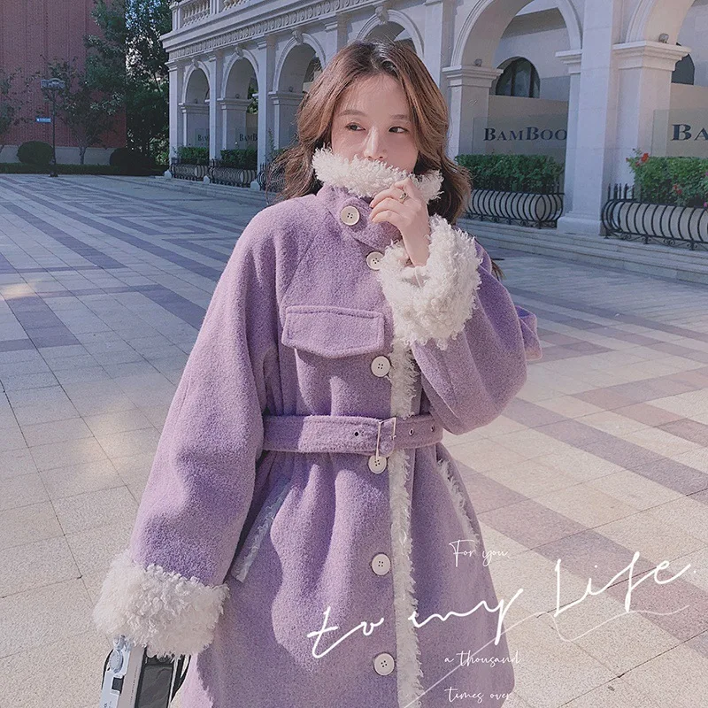 

Ins foreign flavor purple stand collar single breasted waist and lace up roll up lamb wool jacket woman